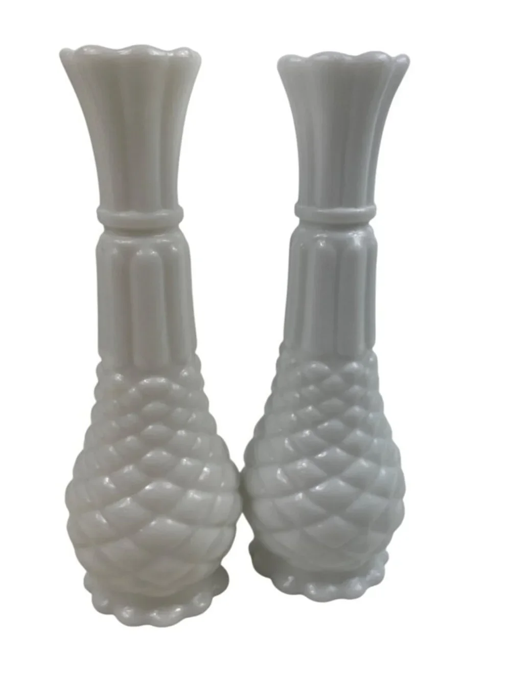 Vintage Anchor Hocking White Milk Glass Pineapple Bud Vase 9” Tall Set of 2